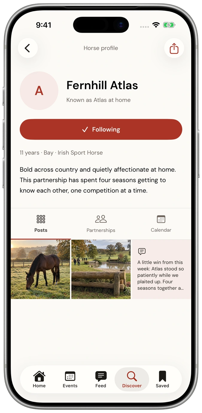 Fernhill Atlas’s iOS profile, with posts, partnerships and calendar tabs.
