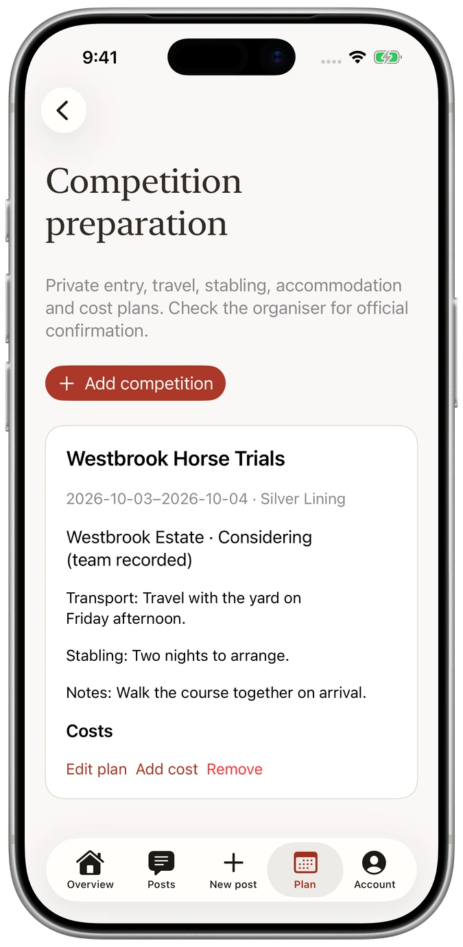 A native iOS competition plan for Westbrook Horse Trials, including travel and stabling.